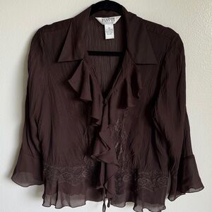 Allison Taylor Vintage Chocolate Dark Brown Ruffle Top Blouse Petite Medium